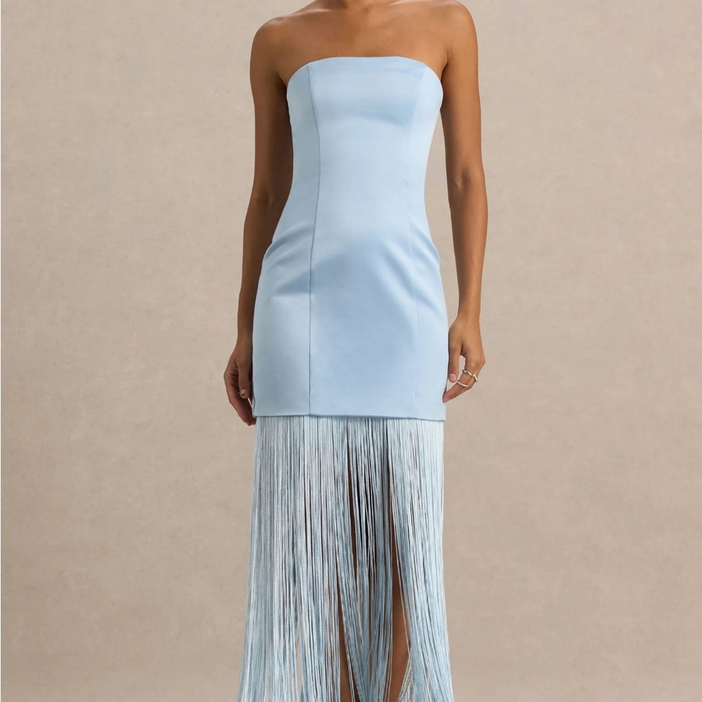 Club L London Strapless Light Blue Fringe Dress